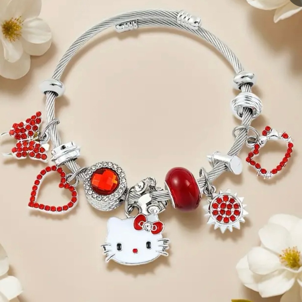 Hello Kitty Charm Bracelet with Red Accents & Silver Cable Bangle - Picture 4 of 6